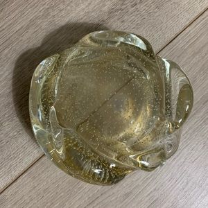 Vintage Murano Glass Catchall Bowl.  Iridescent Yellow w/ Gold Flecks & Bubbles.